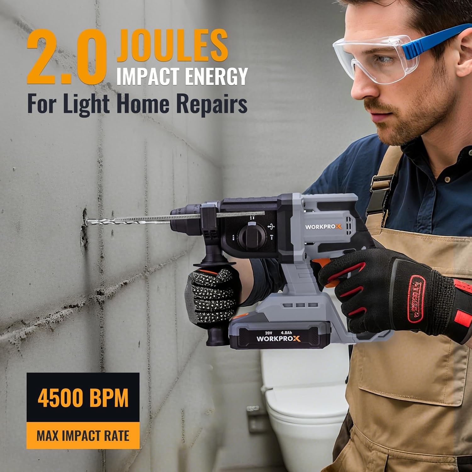 WORKPROX 20V 520W Cordless Brushless Rotary Hammer Drill Kits 7/8″ SDS-Plus 2.0J