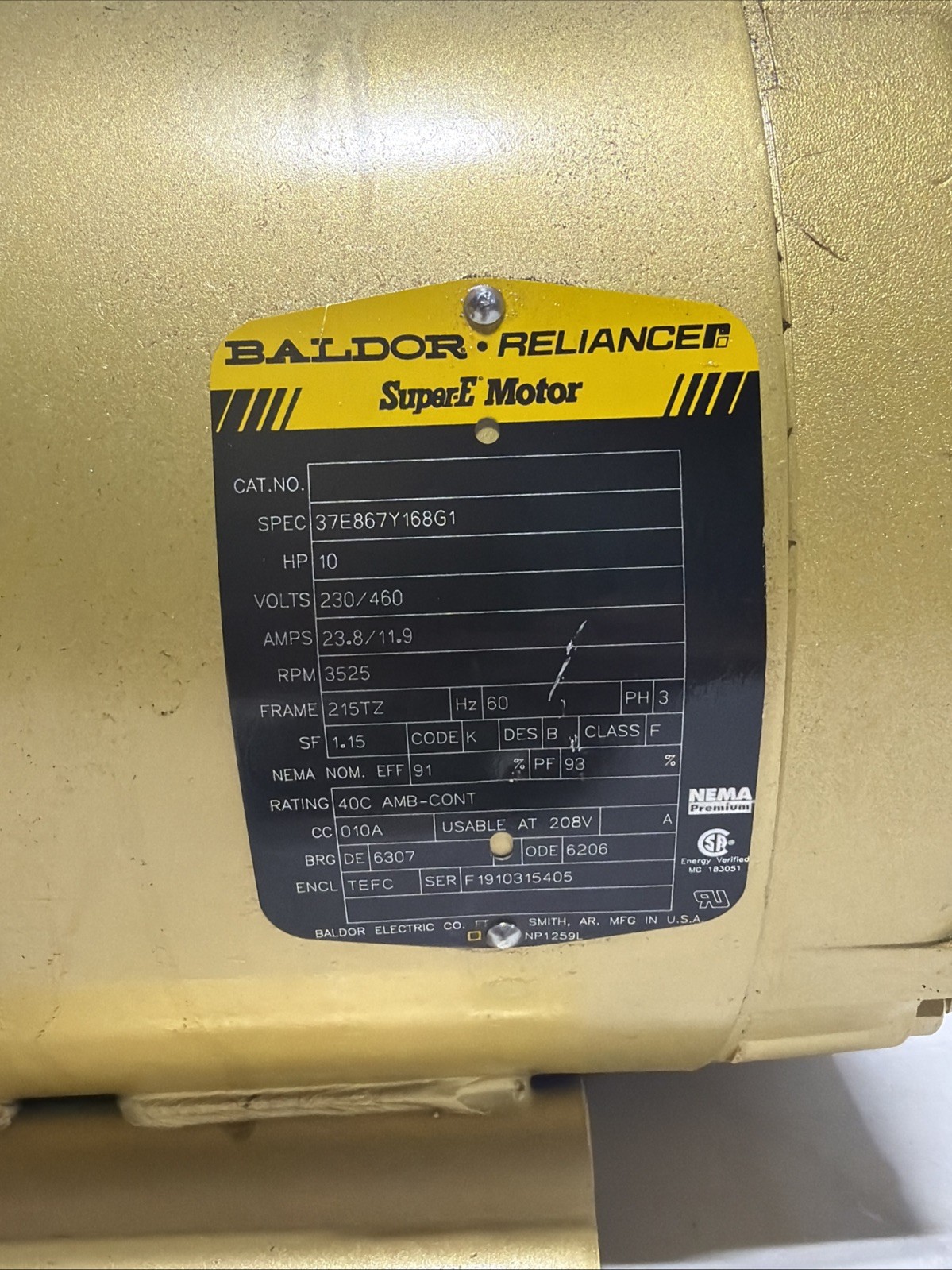 Baldor 10 HP Super-E Electric Motor 230/460 Vac 215TZ Frame RPM 3525