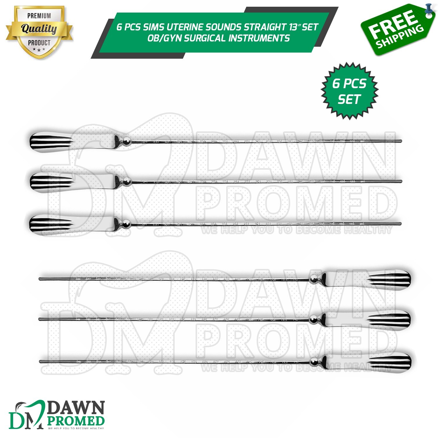 6 Pcs Sims Uterine Sounds Malleable Straight 13” Set OB/GYN Surgical Instruments