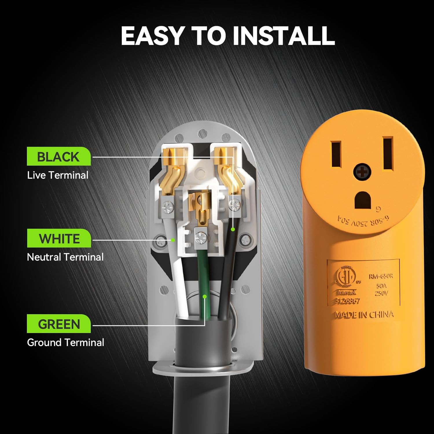 50 Amp NEMA 6-50R Surface Mount Receptacle, 125/250 Volt Power Outlet, Yellow, E