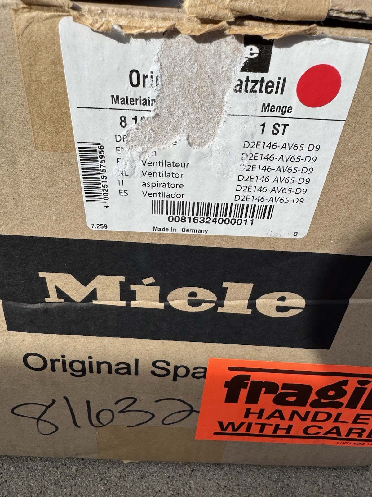 Miele 8 163 240 ebm papst D2E146-AV65-D9 Centrifugal Blower 2450 m³/h 115V