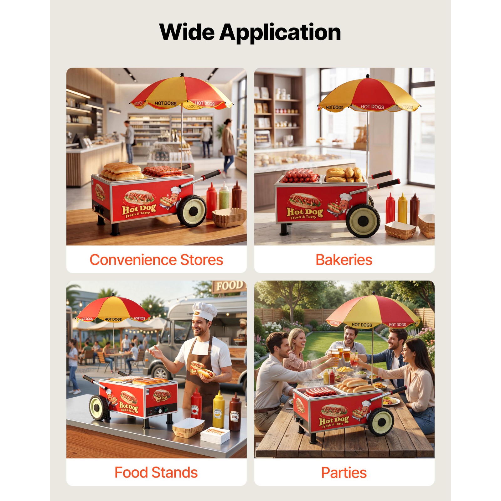 Uimoso Electric Hot Dog Steamer Cart 1200W with Adjustable Temperature 86-203°F