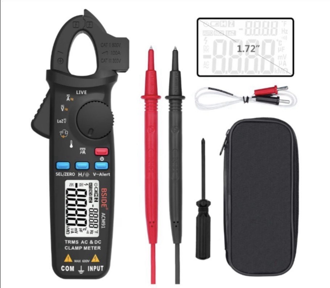 BSIDE ACM91 True RMS AC/DC Clamp Meter 6000 Count CAT III 600V 100A