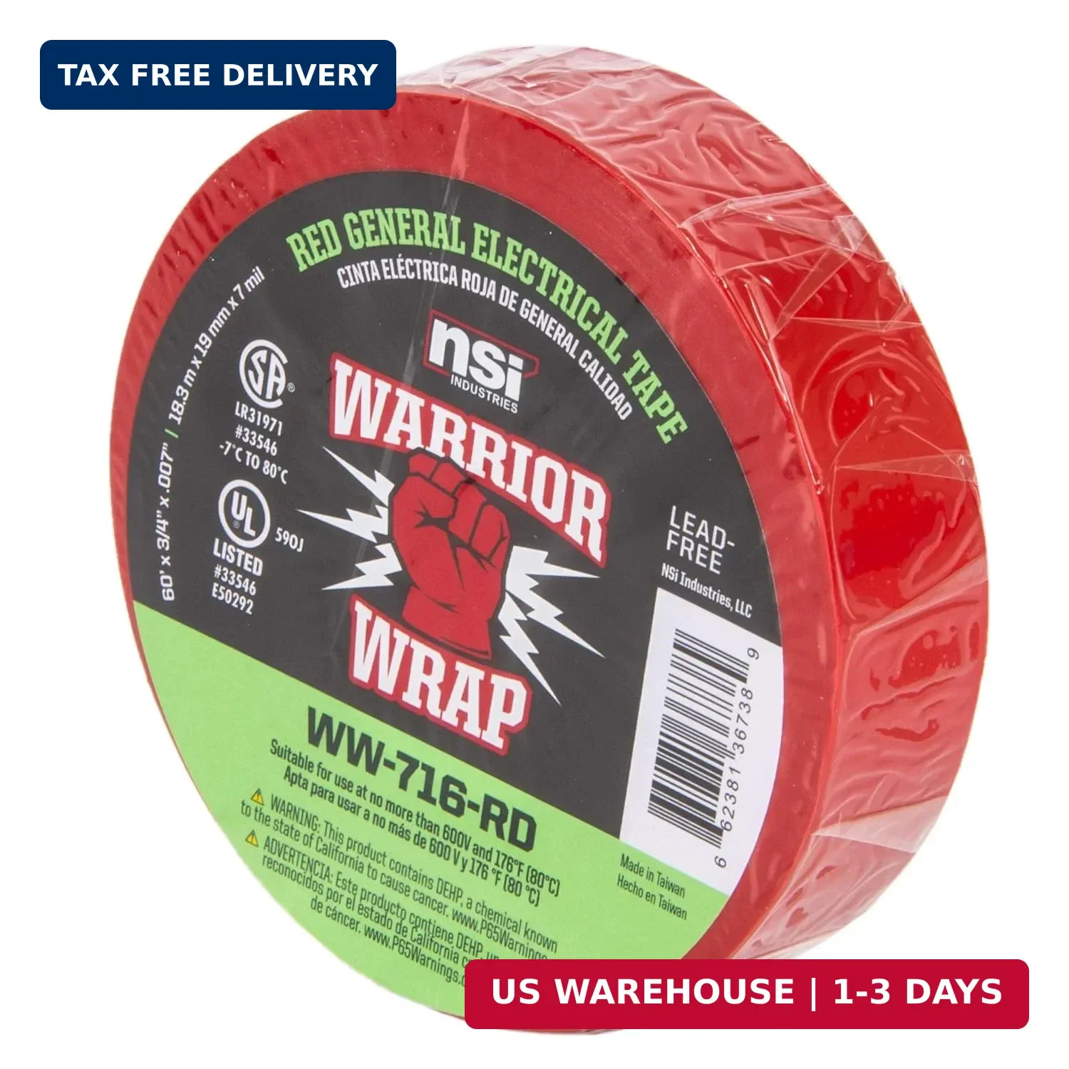 WarriorWrap General 3/4 in. x 60 ft. 7 mil Vinyl Electrical Tape, Red