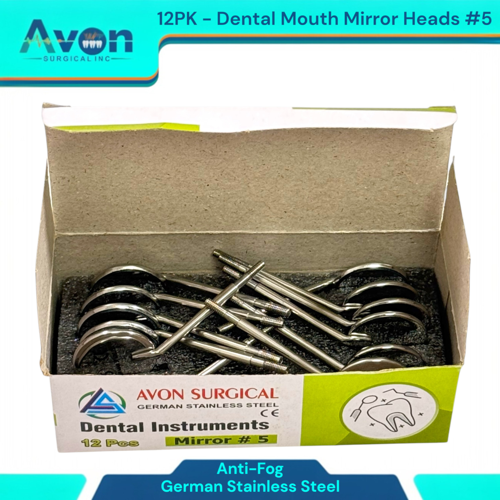 Dental Mouth Mirror Heads #5, Anti-Fog, Cone Socket | Stainless Steel (12PK)