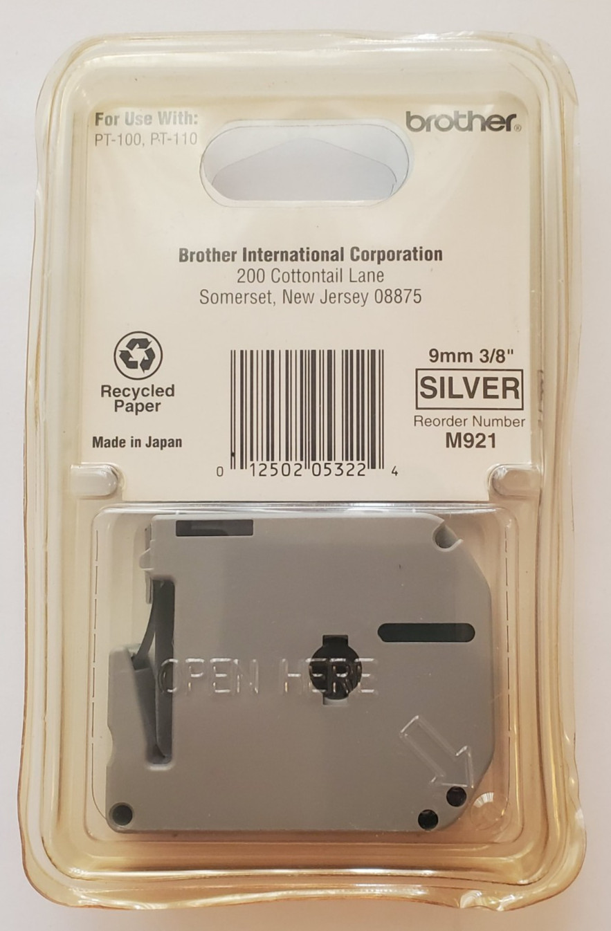 Brother M921 P-Touch Tape, 9mm, 3/8″ Black on Silver, New Sealed