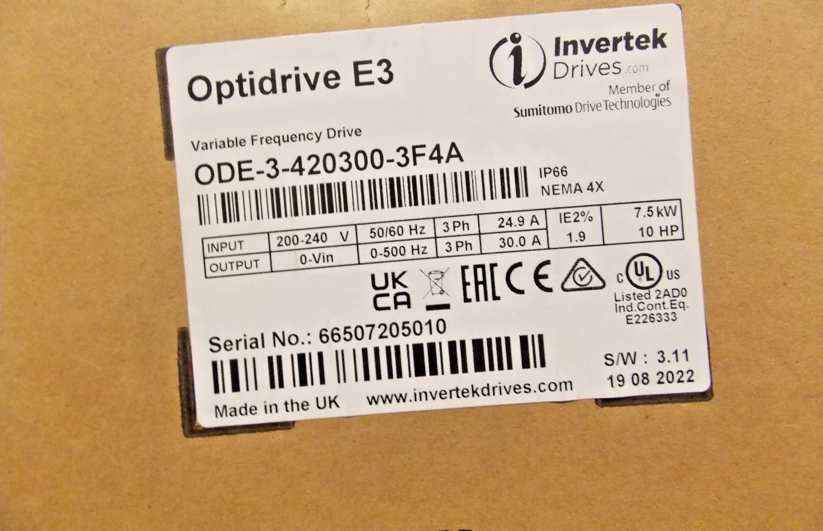 Invertek ODE-3-420300-3F4A Optidrive 10HP 30A 200V-240V 3Ph/3Ph VFD Exchange