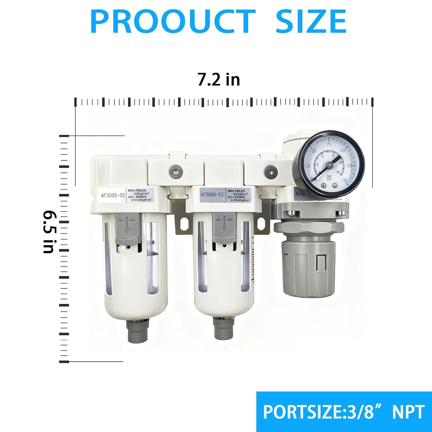 3/8″ NPT Compressed Air Filter Regulator Lubricator Combo-Double,Semi-Auto Drain