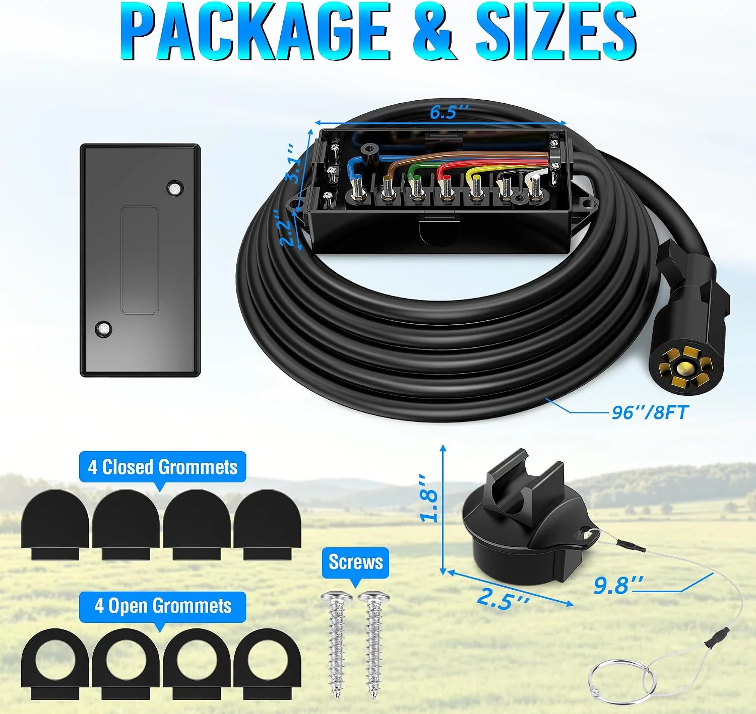 Heavy Duty 7 Way Plug Inline Trailer Cord with 7 Gang Junction Box 8 Feet, Weath