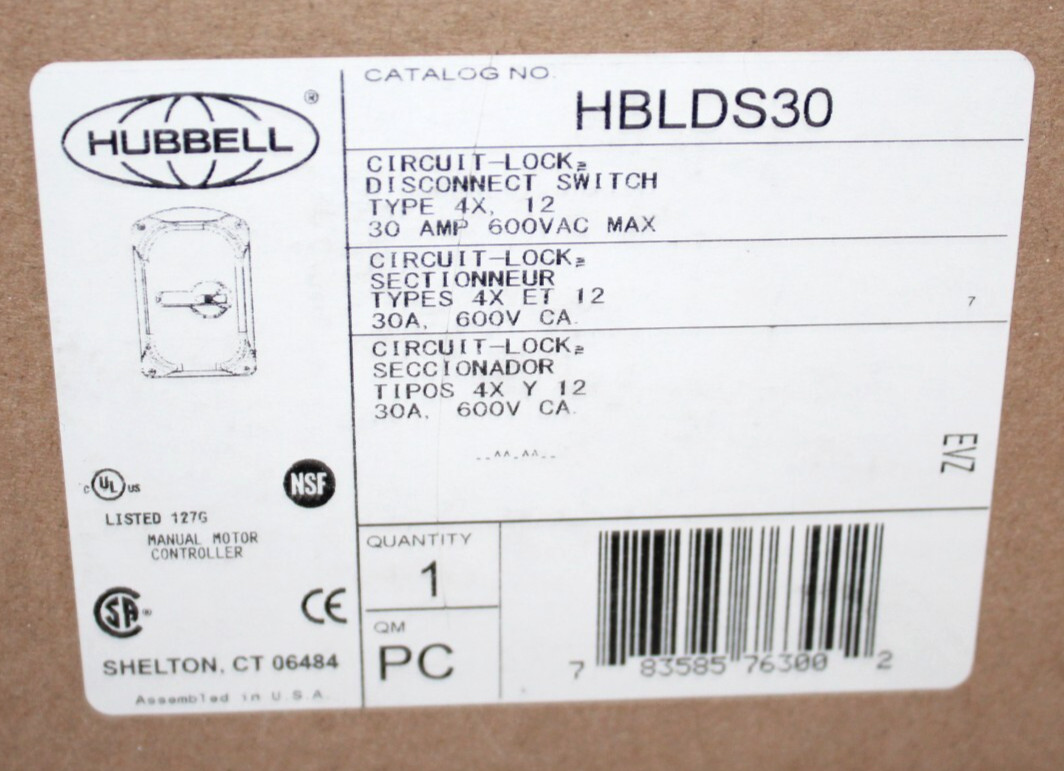 ⭐NEW IN BOX⭐ HUBBELL HBLDS30 CIRCUIT LOCK 30-Amp DISCONNECT SWITCH 600V 30A