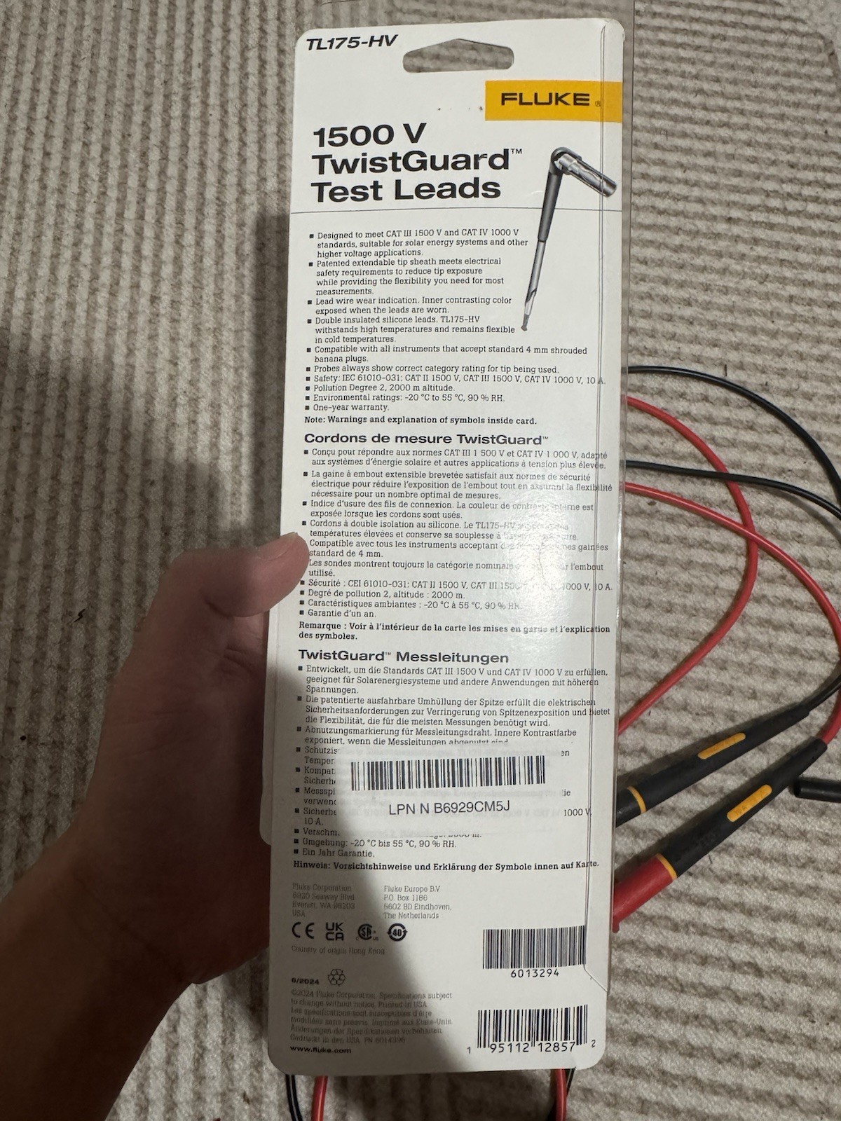 Fluke TL175-HV – CAT III 1500 V, TwistGuard Test Leads, 2MM Diameter Probe Tips