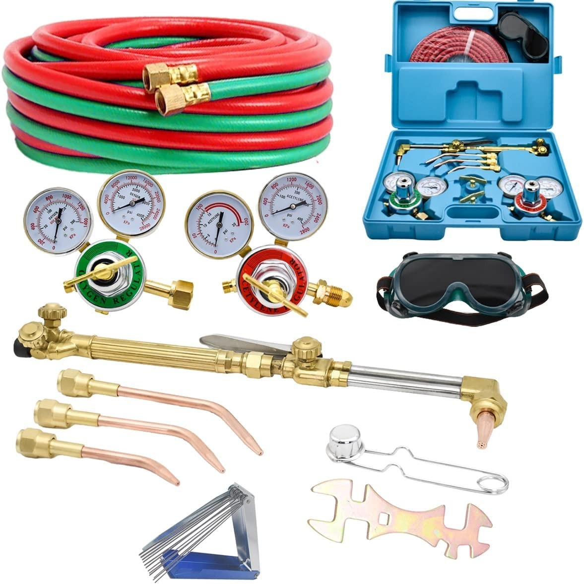 Oxygen Acetylene Gas Cutting Torch Regulator Welding Kit w/15′ Hose Glasses Case