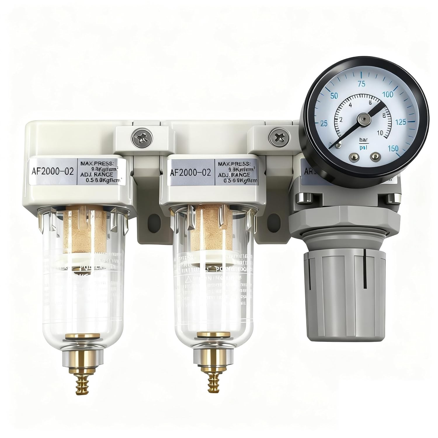 1/4″ NPT Compressed Air Filter Regulator Lubricator Combo-Double,Semi-Auto Drain