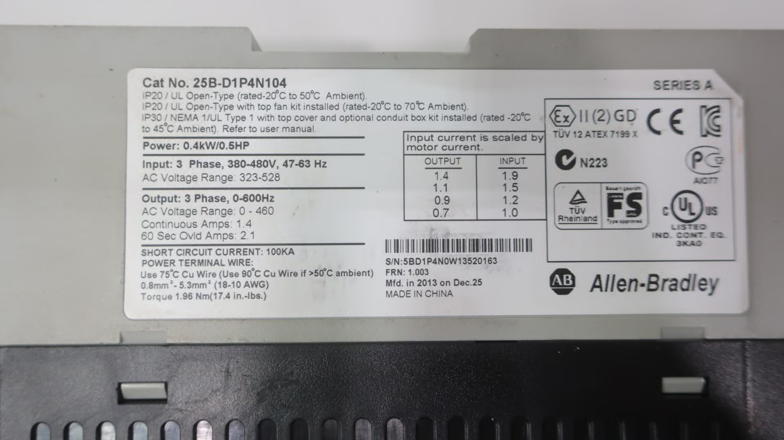 Allen Bradley 25B-D1P4N104 Powerflex Ac Vfd Drive 0.5hp 0-460v-ac 0-600hz