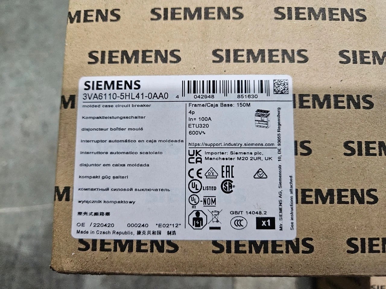 NEW Siemens 3VA6110-5HL41-0AA0 Circuit Breaker 100A with Rotary Operator