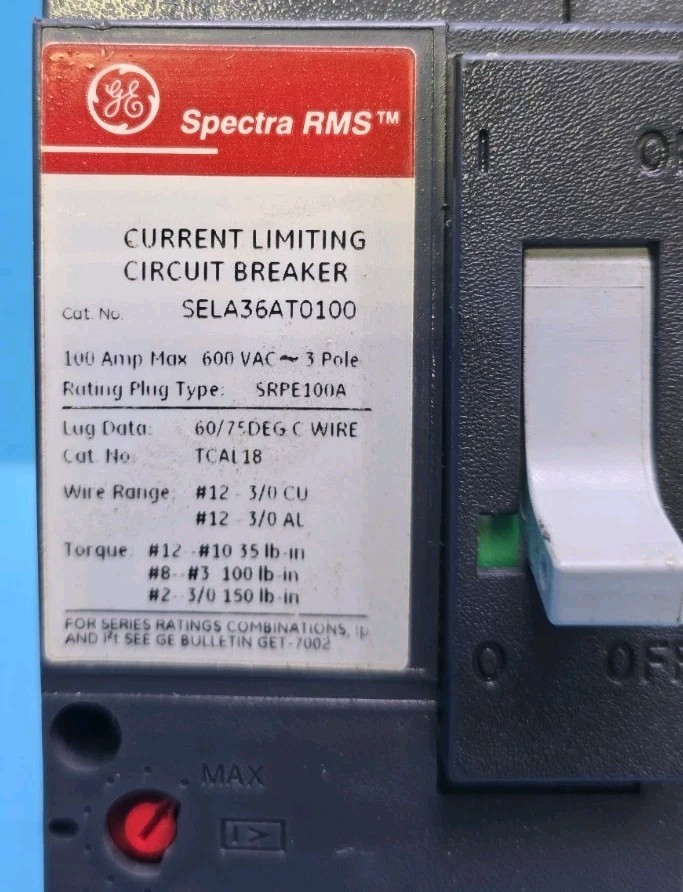 GE SELA36AT0100 /w 100A Trip 100A 600V 3Pole Spectra RMS Circuit Breaker