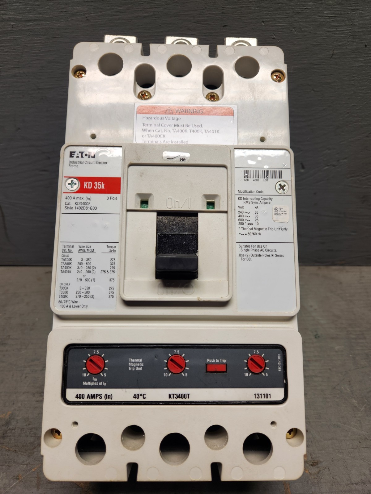 Eaton KD3400F 400A 600V 3 Pole Circuit Breaker with KT3400T 400A Trip Unit