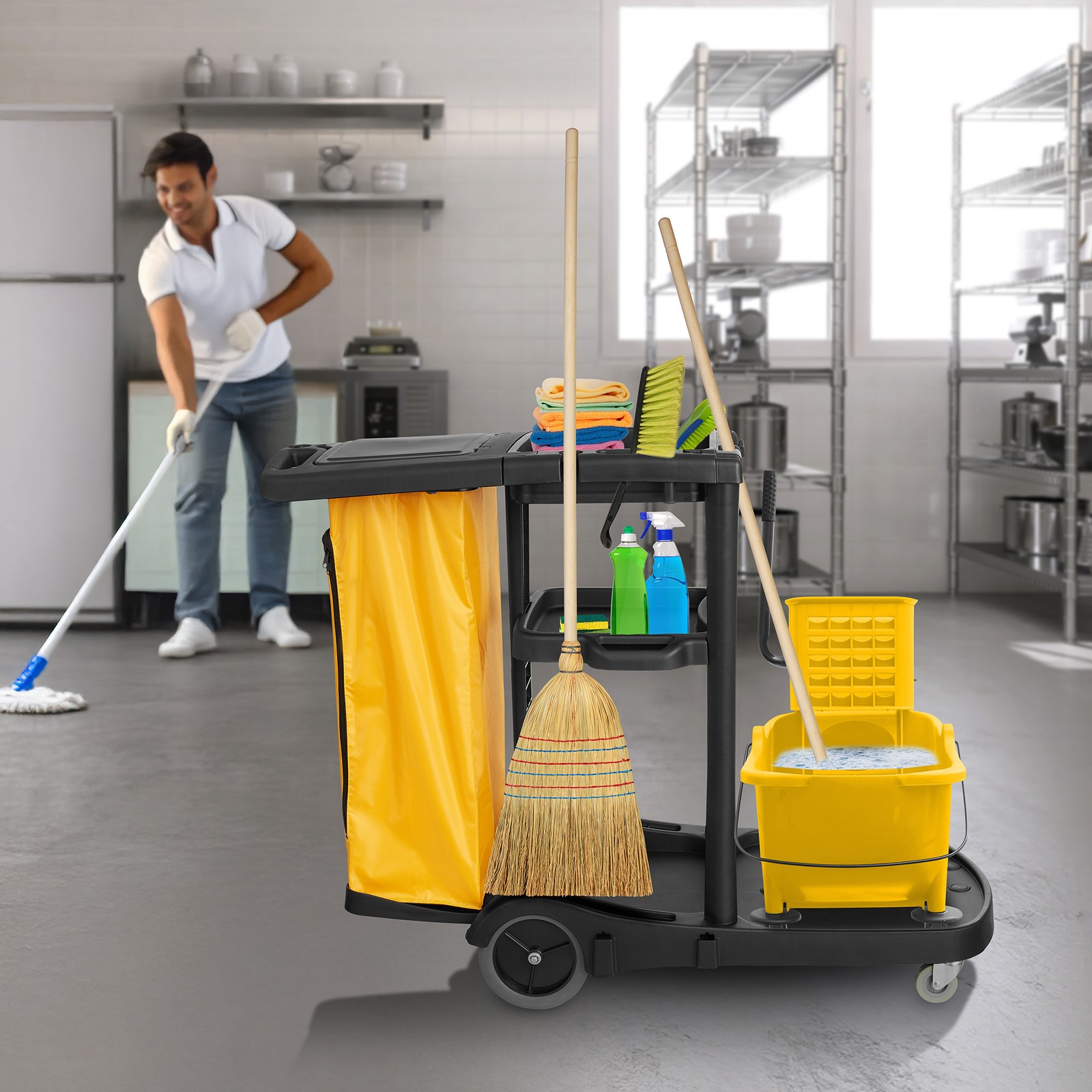 Commercial Janitorial Cleaning Cart Caddy with Cover – Shelves, Vinyl Bag, Black