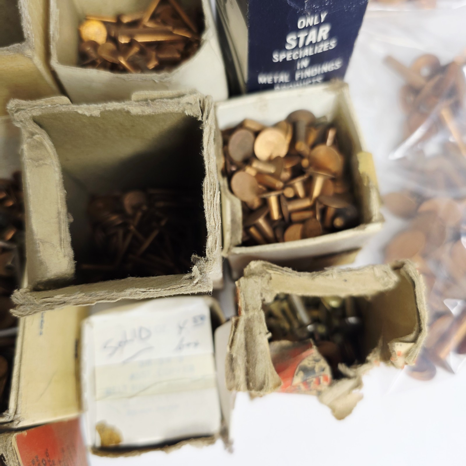 9 Pounds Vintage Copper Steel Belt Fasteners Tubular Rivets Burrs Boxes Lot Bulk