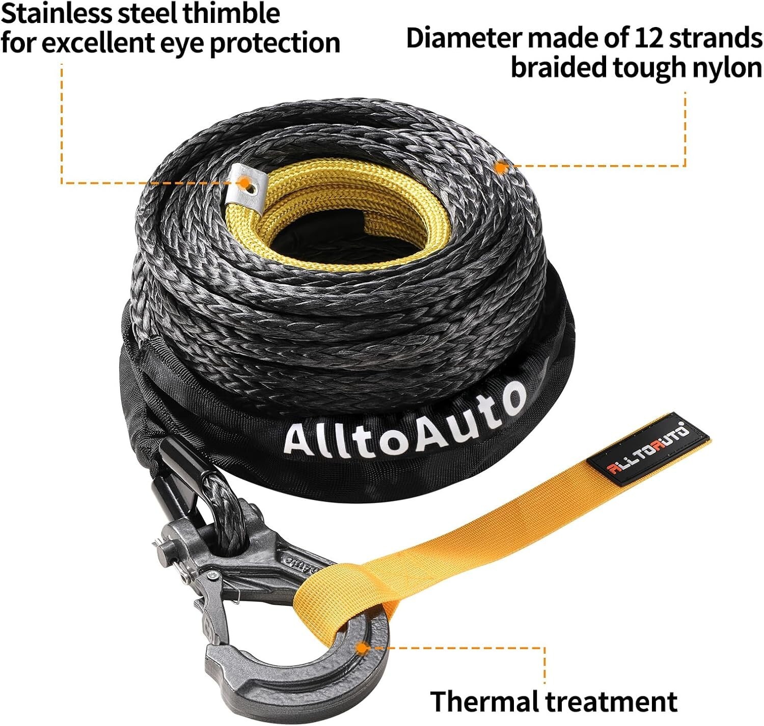 Winch Rope with Hook, 1/2″ x 92′-33076lbs Dyneema Synthetic Winch Rope Line C…