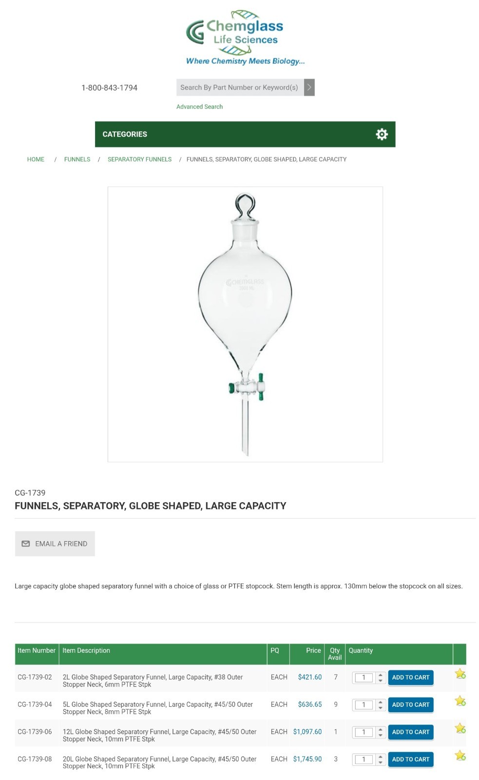 Chemglass 20L Globe Separatory Funnel 45/50 Joint CG-1739-08