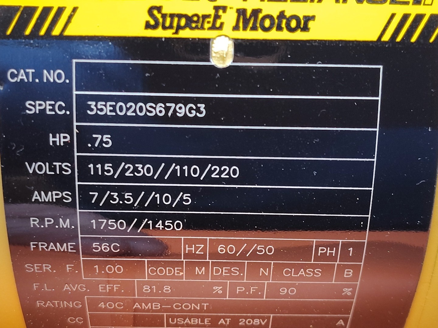 Baldor Reliance Super E Motor 35E020S679G3 .75 HP 1750/1450 RPM PH 1 ABB 115/230