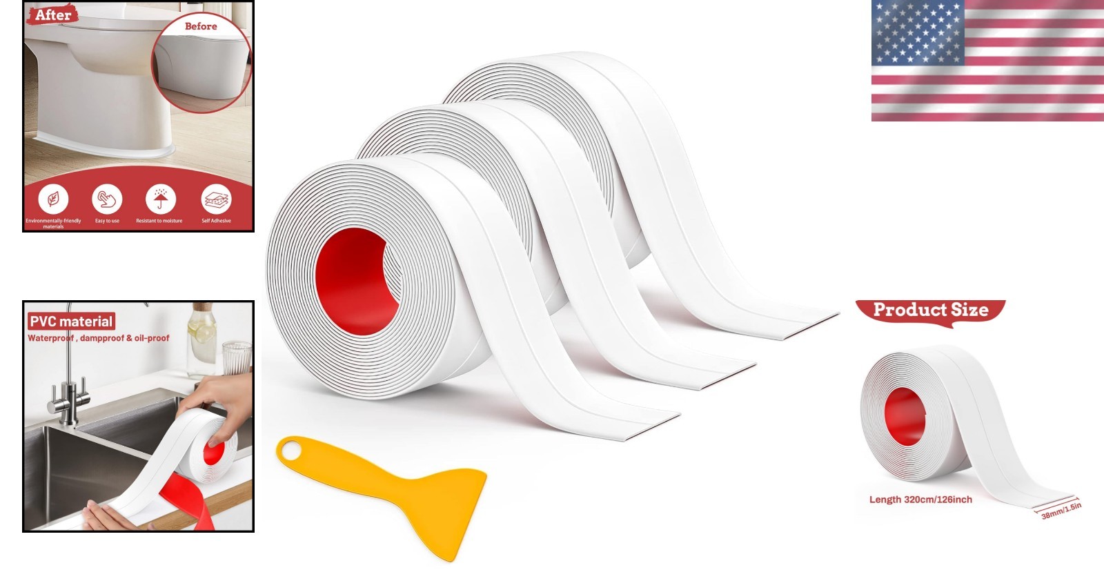 3 Rolls of Waterproof Caulk Tape – Self-Adhesive Sealant for Kitchen & Bath