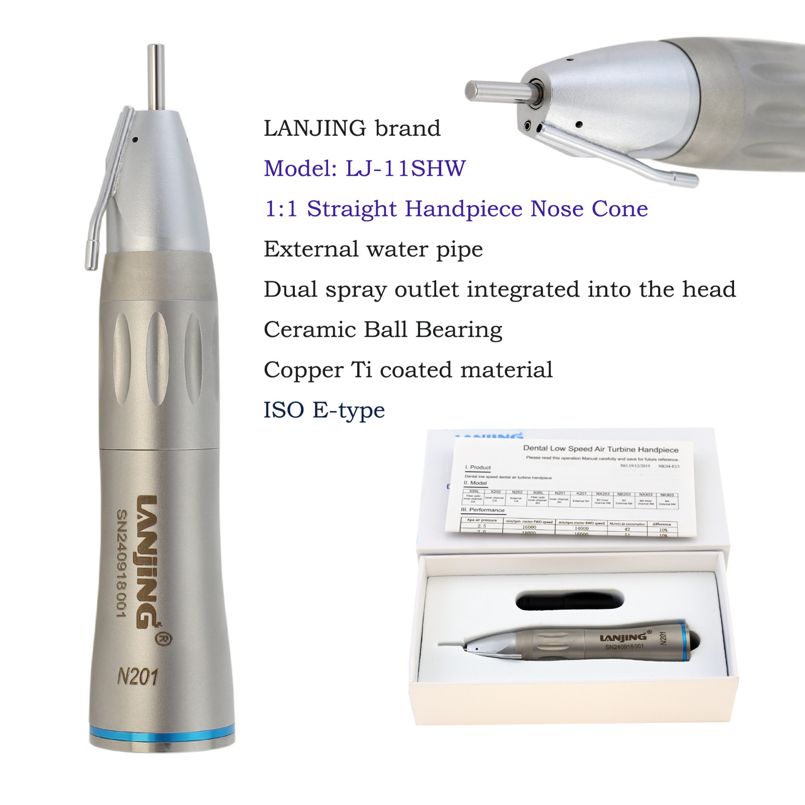 Dental Surgical Handpiece 1:1 Nose Cone Straight Attachment External Irrigation