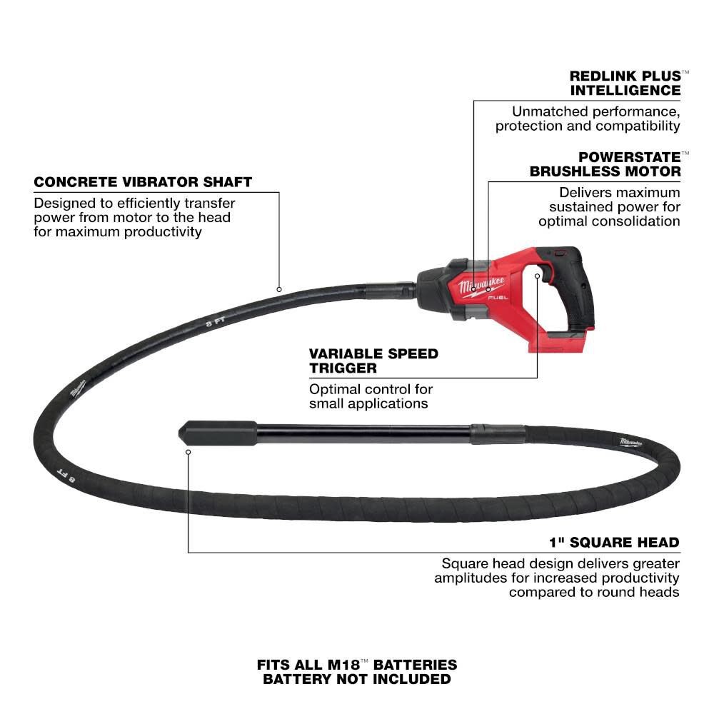 Milwaukee M18 Fuel 8′ Concrete Pencil Vibrator (Bare Tool)