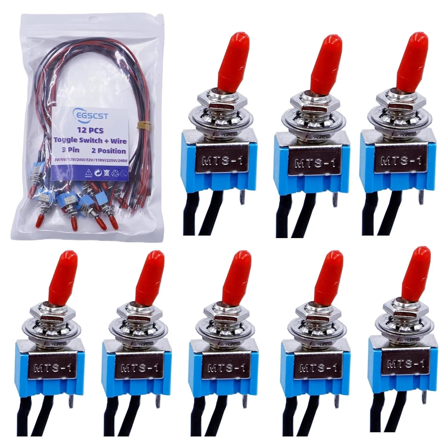 12PCS Mini Toggle Switch SPST with Pre-Soldered Wires 6A 3V/5V/12V/24V/72V/110V/