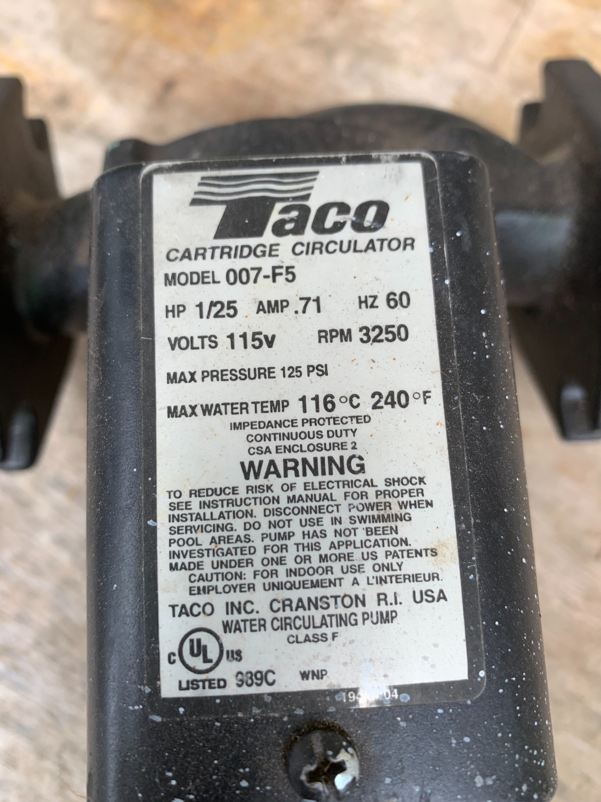 Taco 007-F5 Cartridge Circulator Pump 1/25 Hp .71 Amp 3250 Rpm WROKS USA Made
