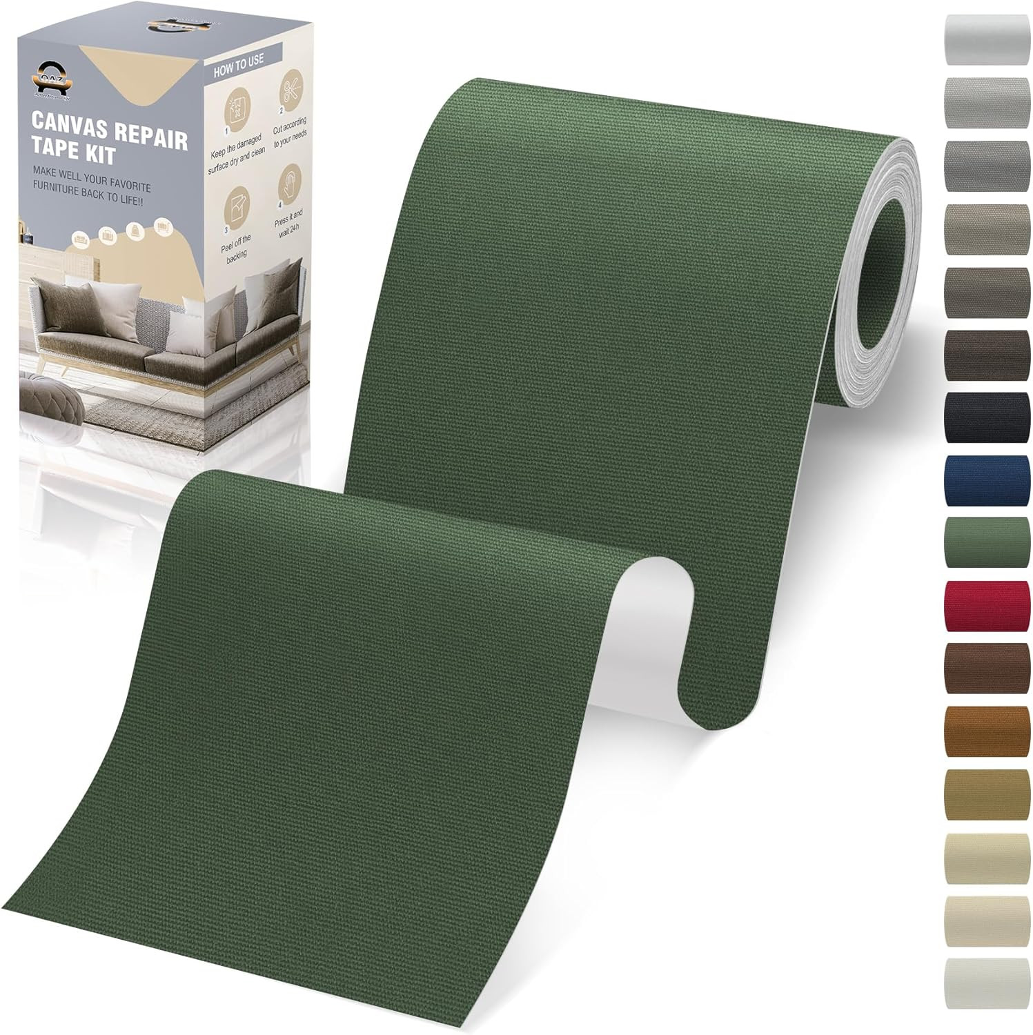 OAZ Canvas Repair Tape Self Adhesive, Army Green Fabric Patches for Furniture
