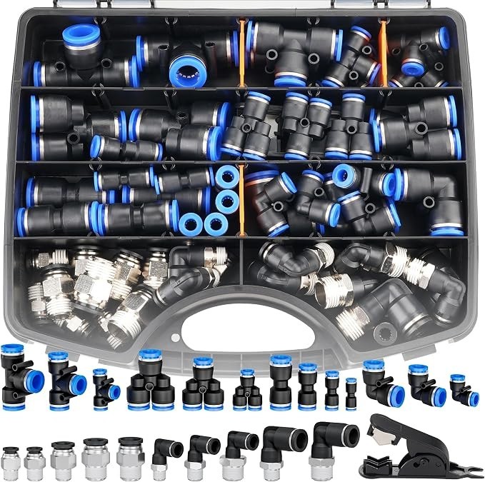 60 Pieces Push to Connect Fittings 1/8”, 1/4”, 3/8”, 1/2” for Air Line Tube, Qui