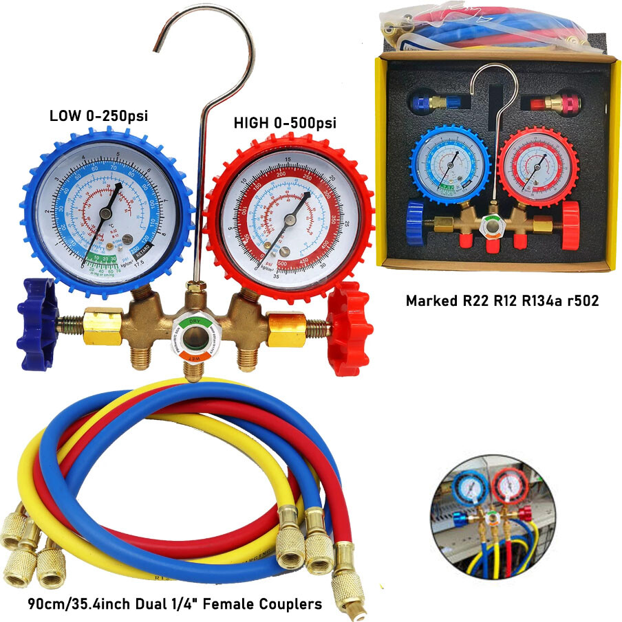 AC Manifold Gauge Set A/C Refrigeration 3 Way Hose Fit For R502 R134a R12 R22