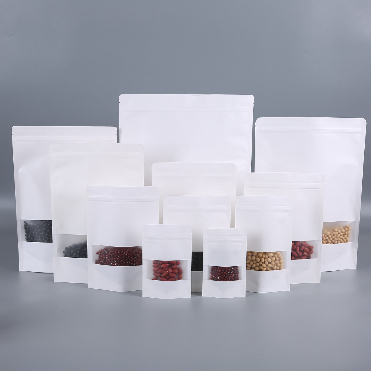 Brown / White Kraft Paper Pouches Stand Up Food Bag With Clear Window