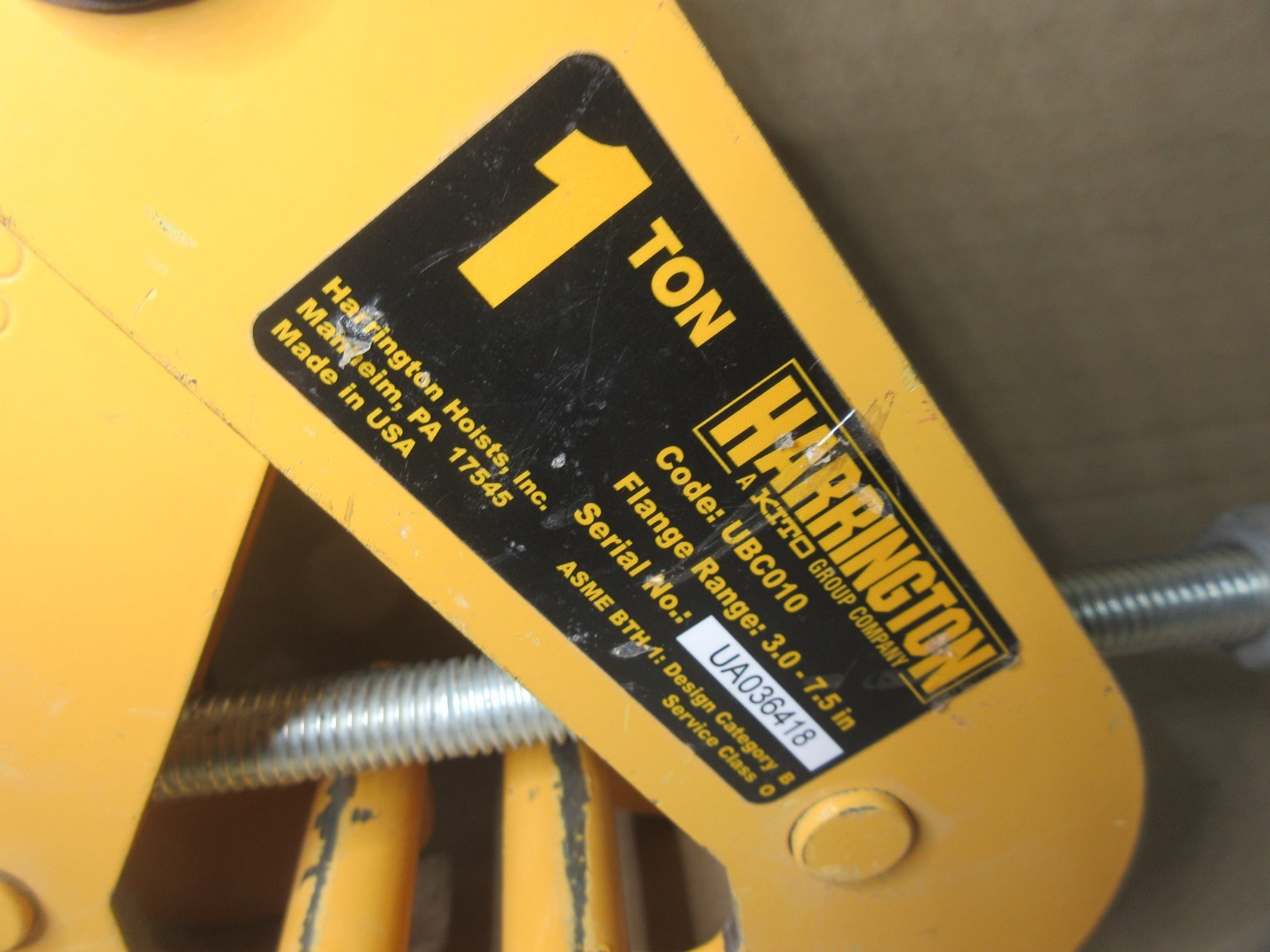 Harrington UBC010 Beam Clamp 1 Ton Universal 3.0 in. to 7.5 in. Made in USA