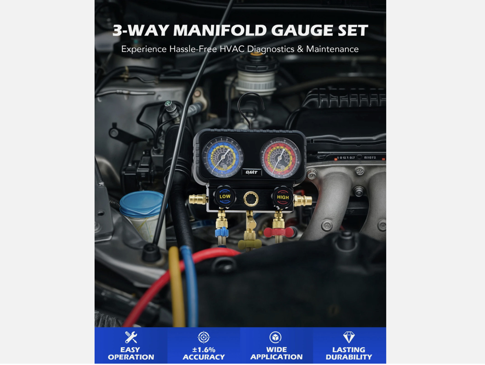 OMT 3 Way Air Conditioner Diagnostic Manifold Gauge For R1234yf Freon Charging