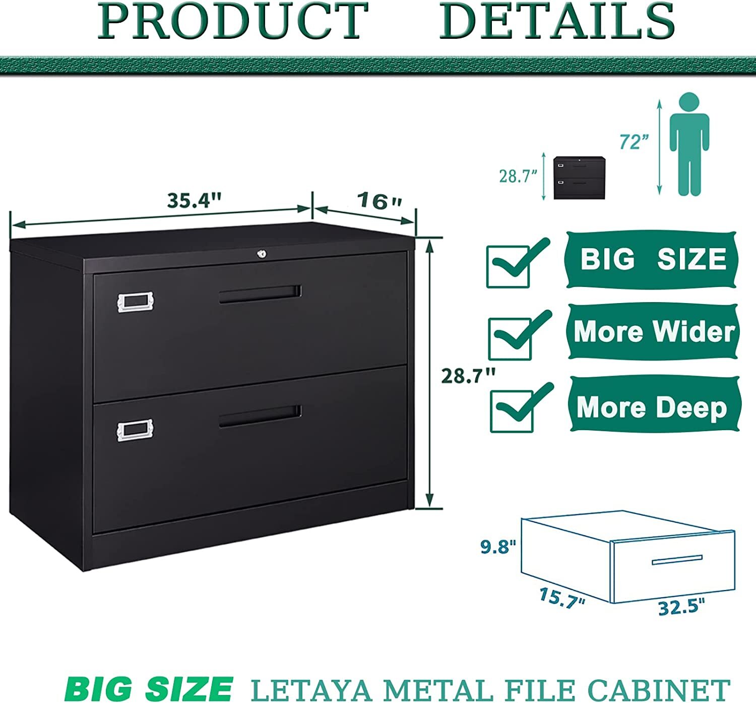 Metal Lateral File Cabinet 2 Drawer,Office Home Locking Filing Cabinet Organizer