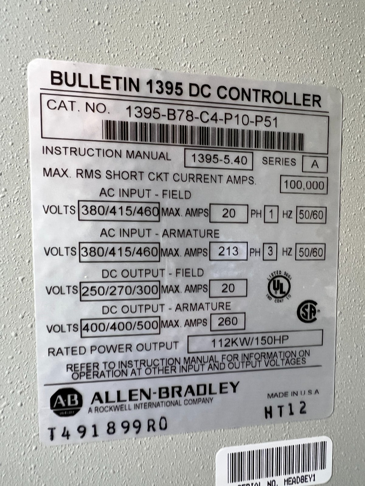 GOOD USED! ALLEN-BRADLEY 150HP DC DRIVE 1395-B78-C4-P10-P51