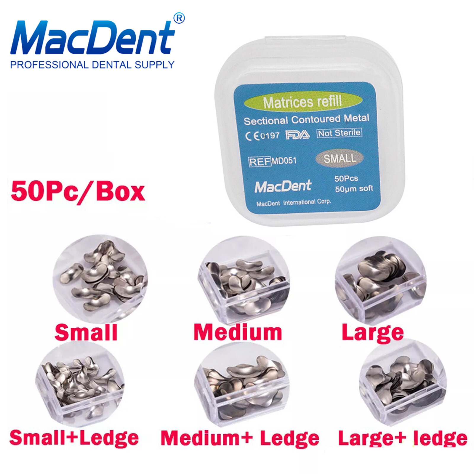 50 Pcs Dental Matrix Sectional Contoured Metal Matrices Bands S/M/L Sizes 35μm