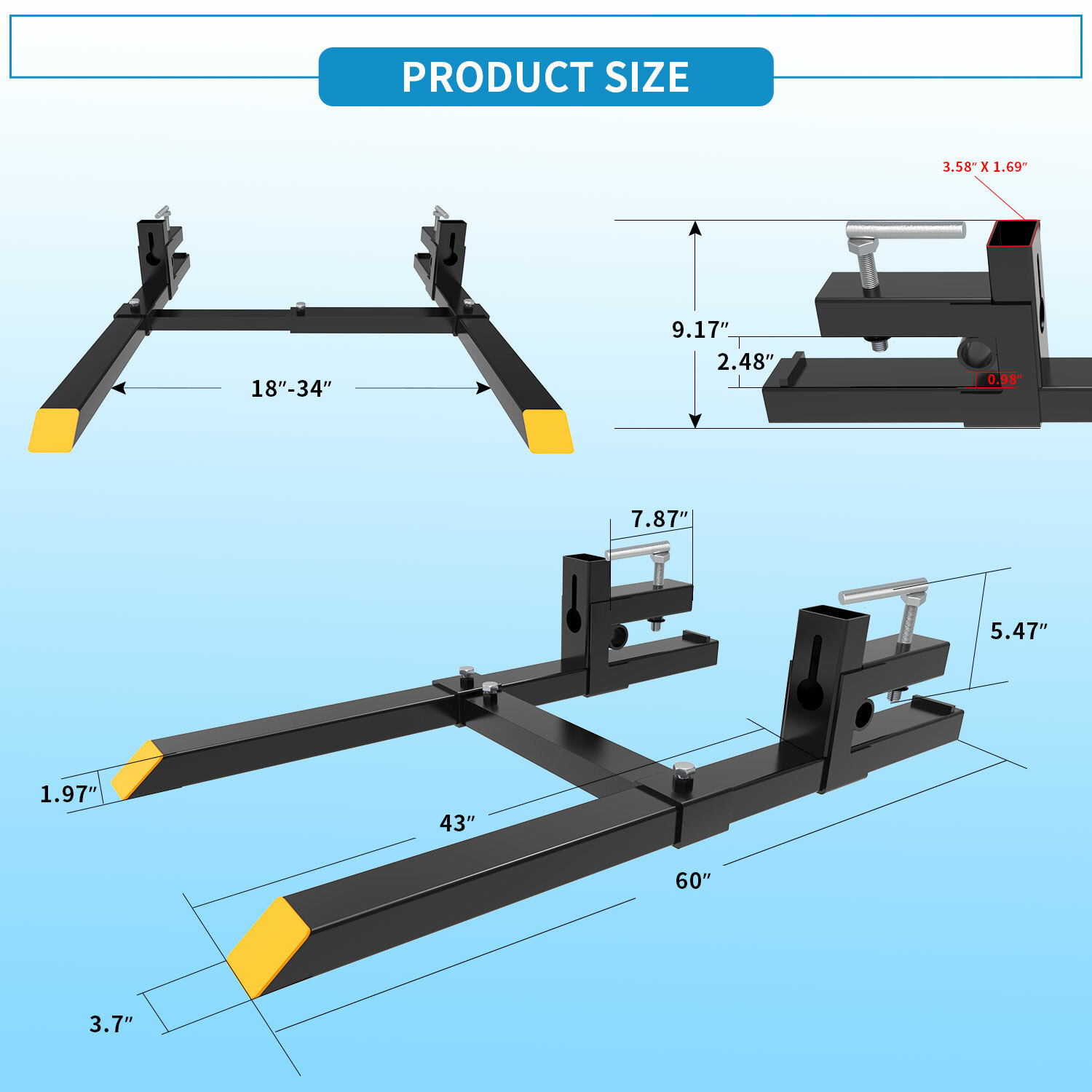 4000Lbs 60″ Tractor Clamp On Pallet Forks Bucket Quick Attach W/ Stabilizer Bar