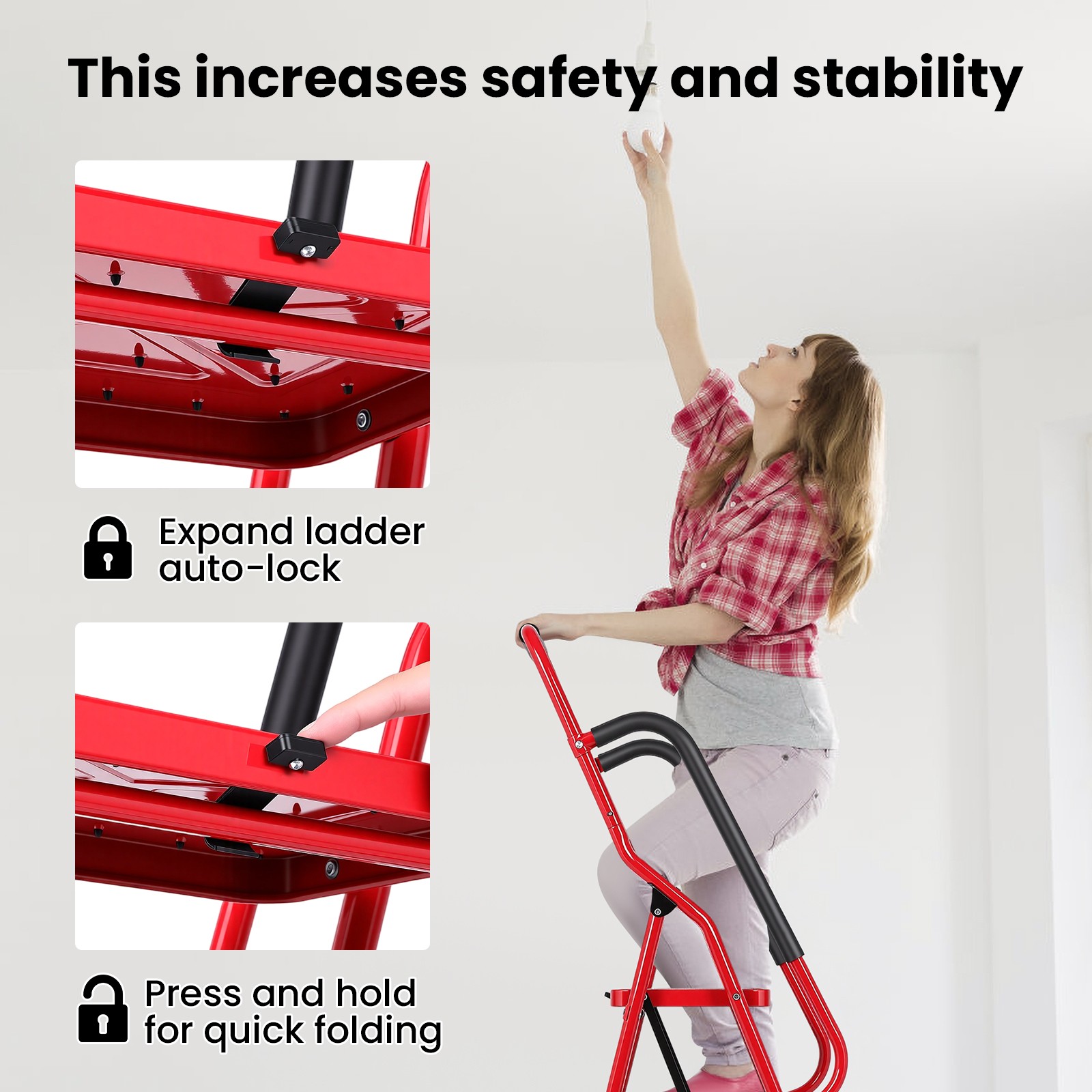 3 Step Ladder with Hankdrails, Folding Step Stool with Safety Lock, Red