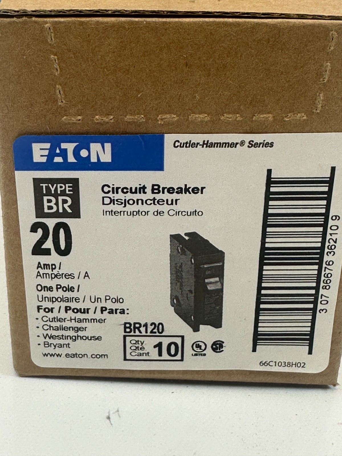 EATON BR120 Circuit Breakers Type BR 20A One Pole (Box of 10) Black – NEW