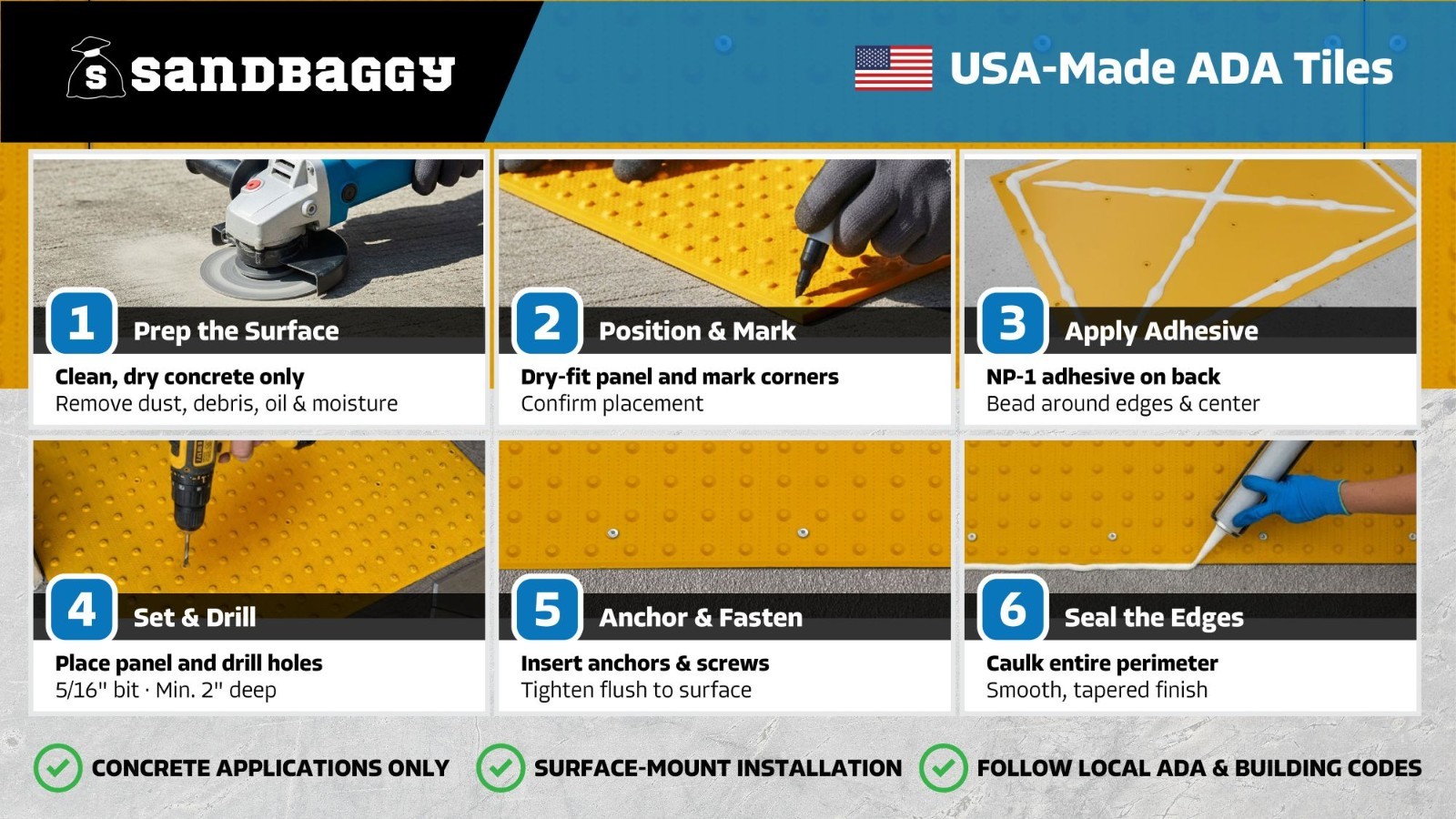 Sandbaggy ADA Warning Pads (USA MADE) – Yellow Surface Mount Truncated Dome Mats
