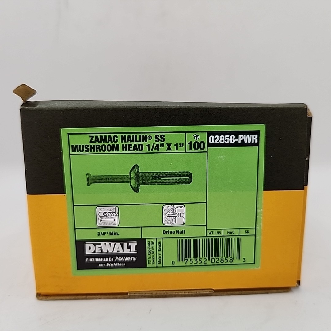 NEW Dewalt Zamac Nailin Mushroom Head 1/4″ x 1″ (100 Pack). Lot of 5