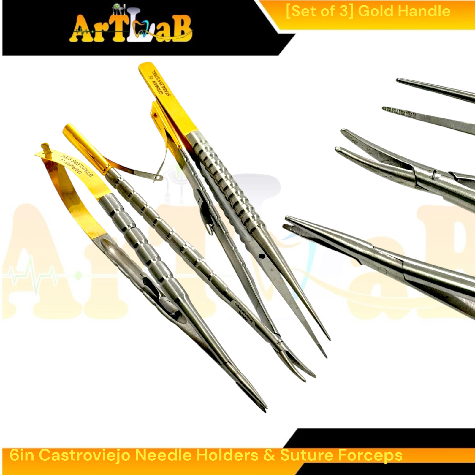 Set of 3 Castroviejo Needle Drivers Cur & Str + Suture Tying Forceps w/Guide Pin