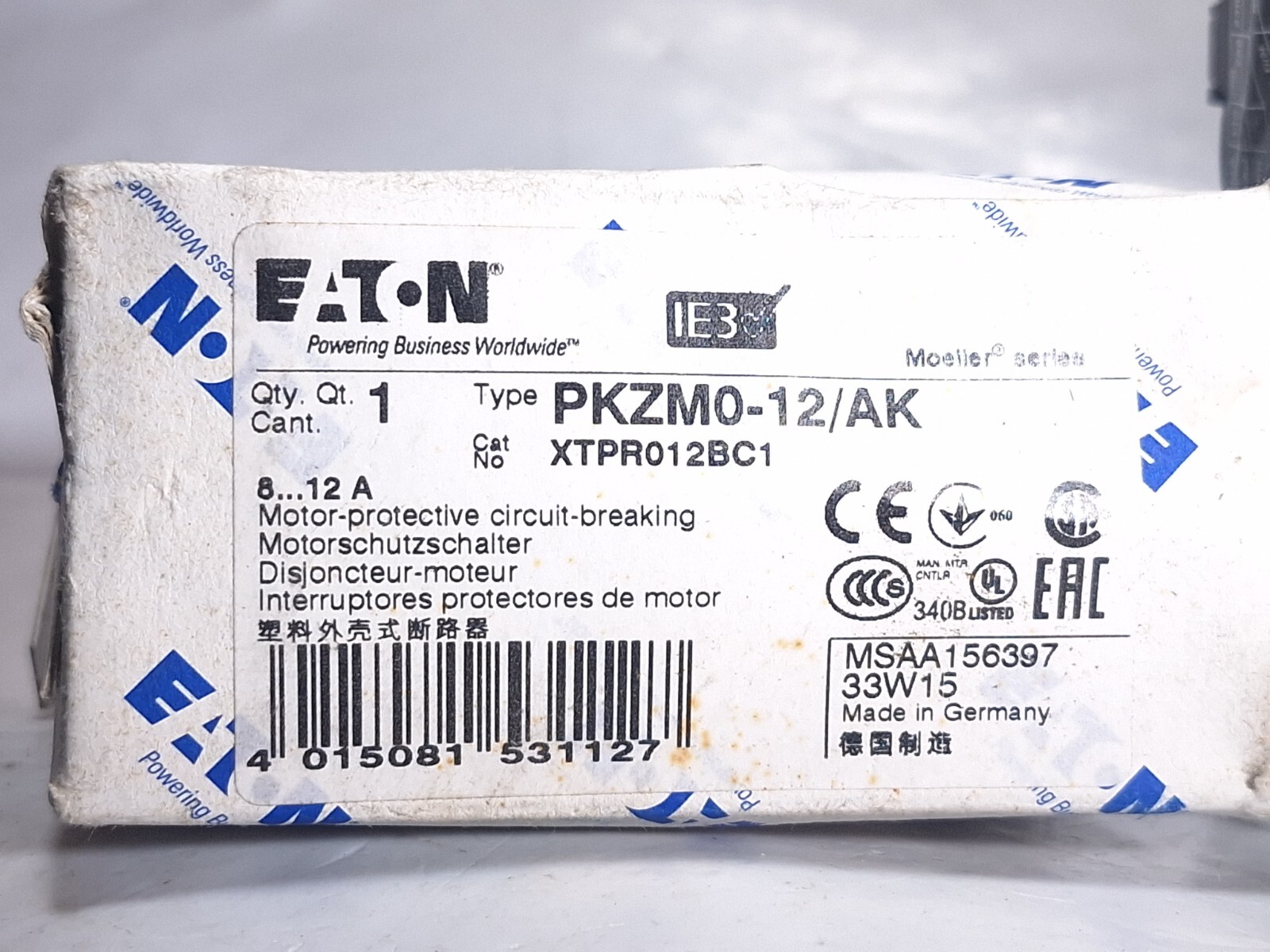 EATON MOELLER XTPR012BC1 MOTOR PROTECTOR MODULE 8-12A PKZM0-12/AK 156397