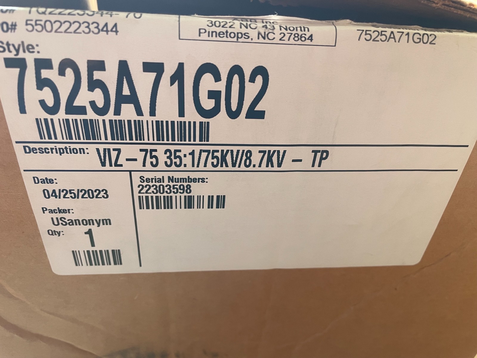 ABB 7525A71G02 – VIZ-75 35:1 75KV/8.7KV 4200 TRANSFORMER