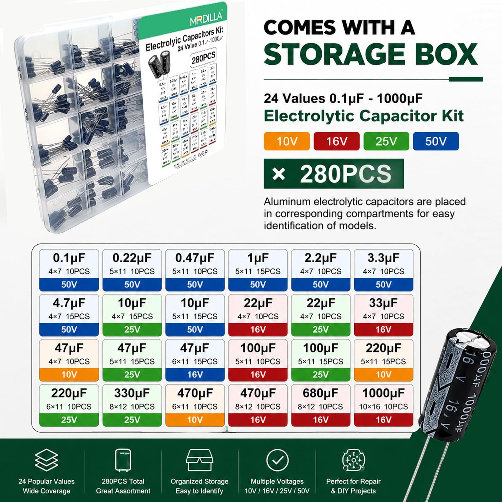 280 Pcs Electrolytic Capacitor Assortment Kit, 24 Values 0.1uF–1000uF Aluminu…