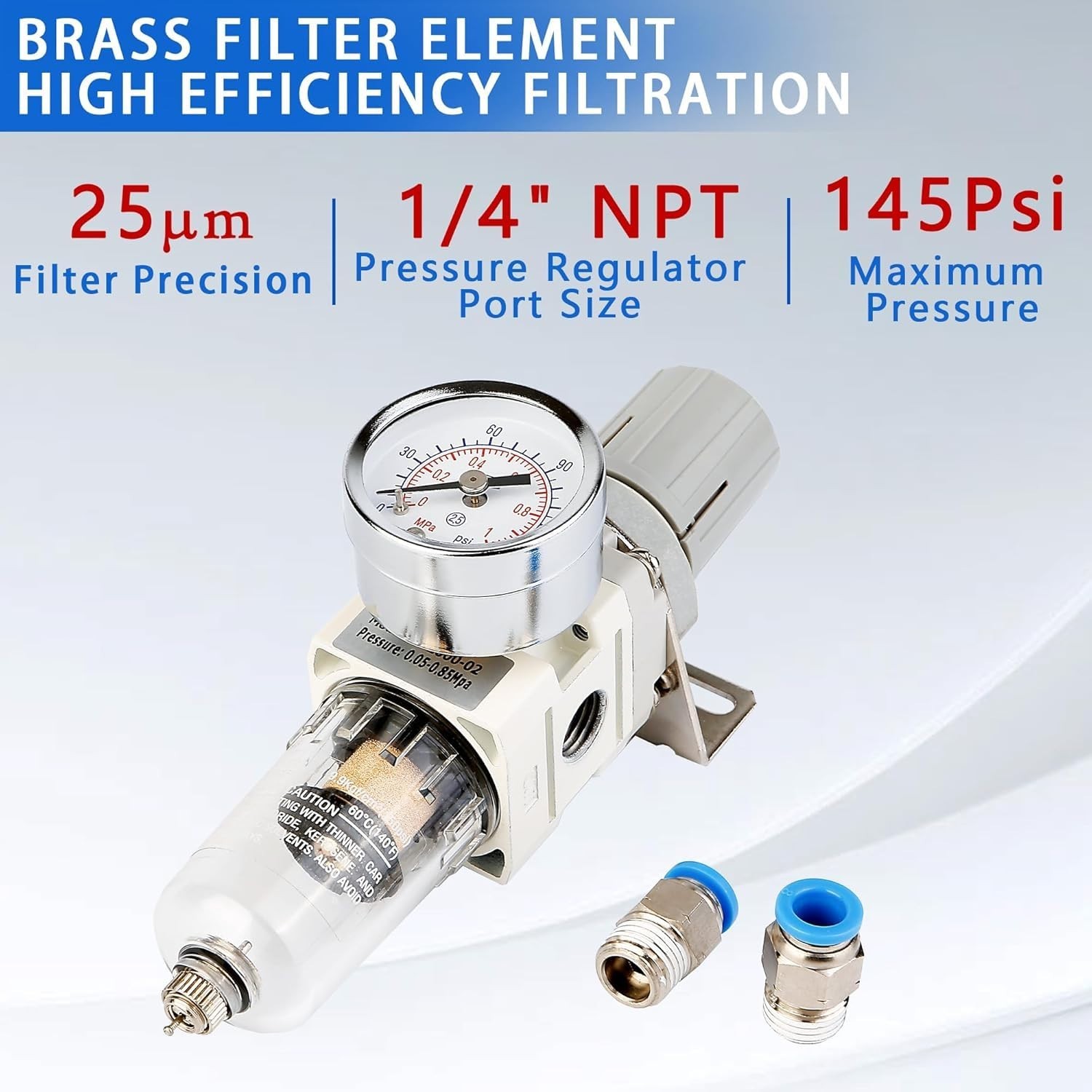 1/4″ NPT Compressed Air Filter Regulator Combo 5 µm,Semi-Auto Drain,0-150 PSI